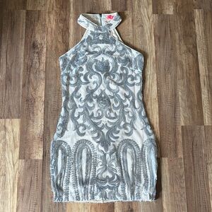 Xtaren Silver Embroidered Halter Mini Dress on Cream